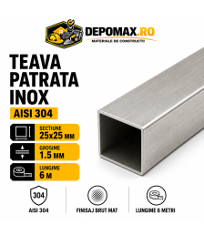 Teava patrata inox AISI 304, 25 x 25 x 1.5 mm, 6 metri